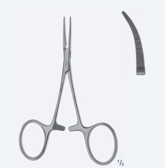 Зажими, гемостатичні, "Micro Halsted-Mosquito", делікатні, вигнуті, зубчаті щелепи, з кремальєрою, довжина 100 мм. Бренд - Asanus Medizintechnik Gmb, Німеччина